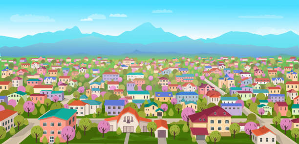 ilustraciones, imágenes clip art, dibujos animados e iconos de stock de paisaje suburbano. vista de edificios de gran altura y campo. ilustración vectorial de dibujos animados - rural community