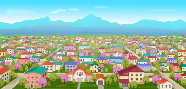 Suburban landscape.View of high-rise buildings and countryside.Cartoon vector illustration Suburban landscape.View of high-rise buildings and countryside.Cartoon vector illustration residential district illustrations stock illustrations