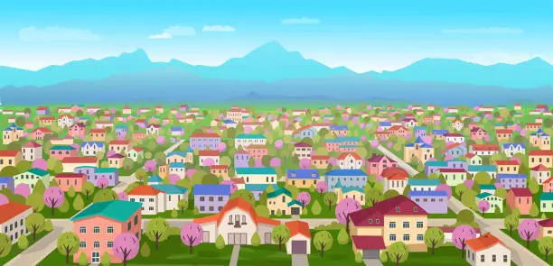 Vector illustration of Suburban landscape.View of high-rise buildings and countryside.Cartoon vector illustration