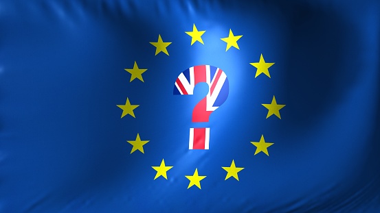 European Union flag with United Kingdom flag as a question mark.