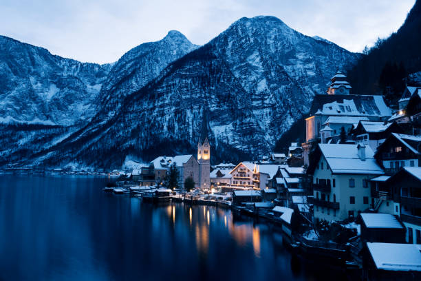 istock Hallstatt Cityscape on a Winter Evening Covered with Snow 1311686974