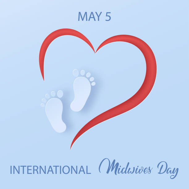 hebammen tag, 5 mai. baby füße silhouette auf rotem herz hintergrund. - midwife stock-grafiken, -clipart, -cartoons und -symbole