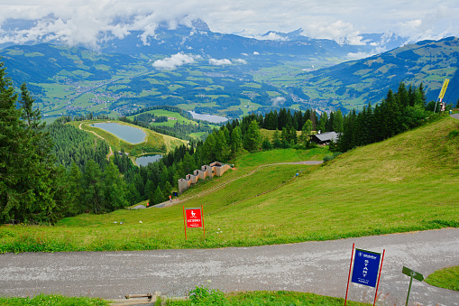 Kitzbuhel, Austria - July 28, 2017. Hahnenkamm ski race start point and the Austrian Alps in summer, Kitzbuhel, Tirol, Austria.