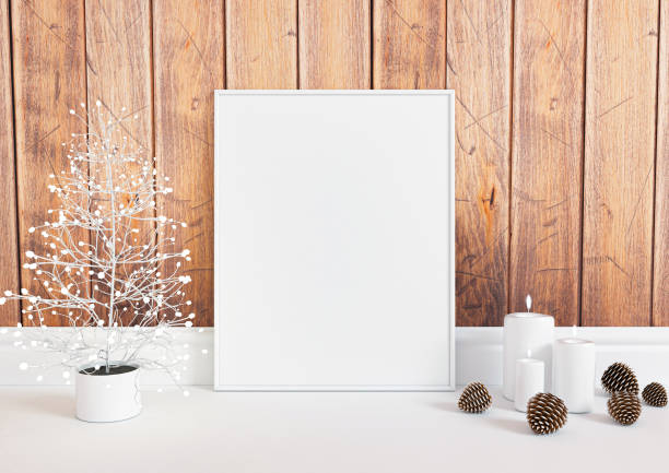 istock Single 8x10 Vertical white Frame mockup with Christmas decorations on white floor and vintage wooden wall. 1311689235