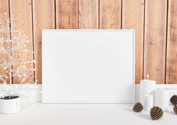 istock Single 8x10 Horizontal white Frame mockup with Christmas decorations on white floor and vintage wooden wall. 1311689259
