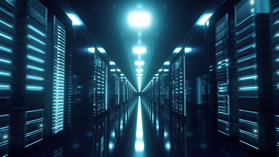 Server Racks In a Modern Data Center. Cloud Technology concept. 3d illustration.