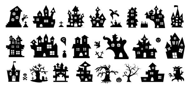 ilustraciones, imágenes clip art, dibujos animados e iconos de stock de conjunto de iconos de halloween. casa embrujada de halloween aislada sobre un fondo blanco. ilustración vectorial - city night spooky skyline