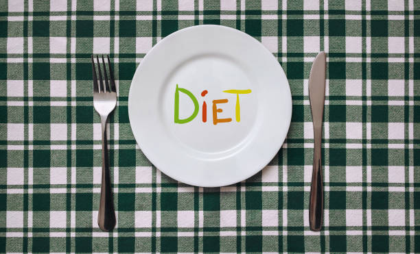 istock A white plate on which the multicolor word Diet is written standing on a checkered green tablecloth . The concept of a balanced diet, ration and medical fasting. Top view, white background, copy space. 1311694488