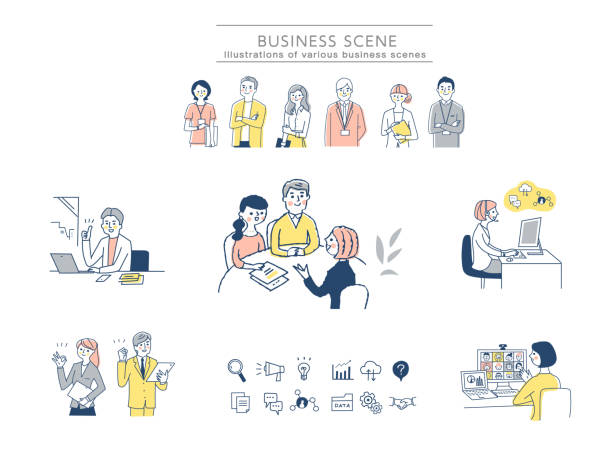 verschiedene business-szene-sets - business meeting stock-grafiken, -clipart, -cartoons und -symbole