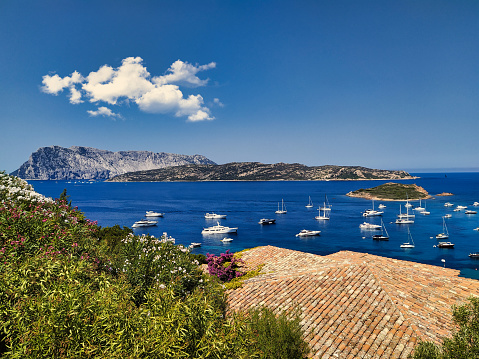 Beautiful panorama of Capo Coda Cavallo with many yachts and the island of Molara and Tavolara in the background