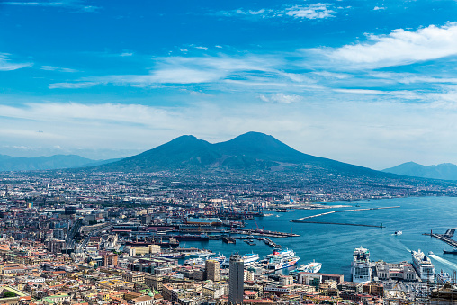 Naples, Italy - September 10, 2019: Overview of the gulf, Mount Vesuvius and the city of Naples in Napoli, Italy