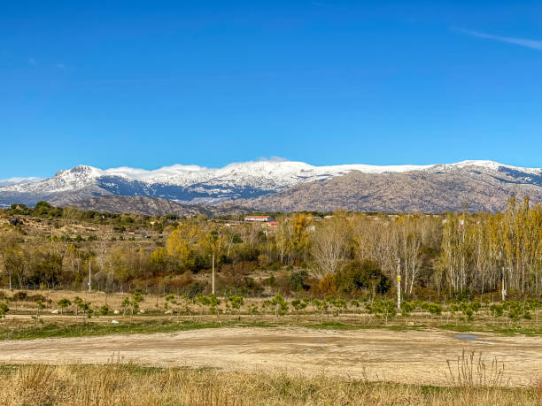 Landscape of the Sierra de Madrid with snow stock photo
