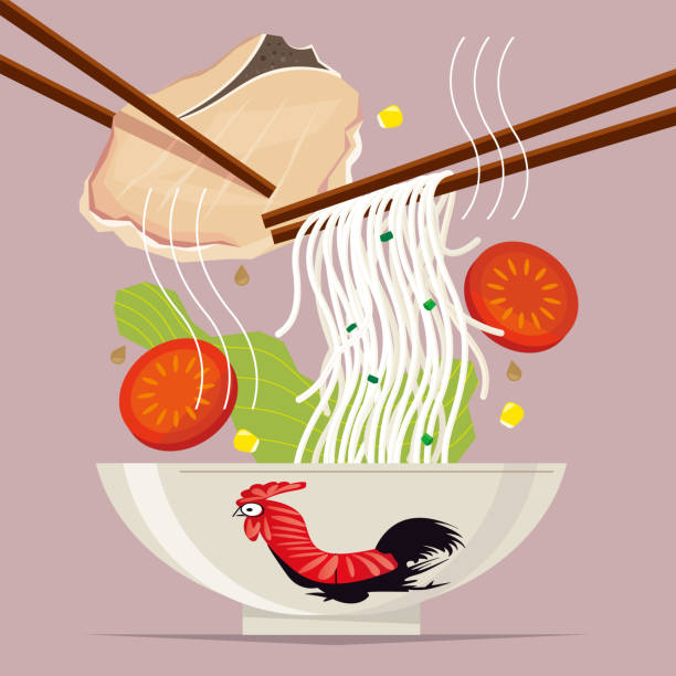 ilustraciones, imágenes clip art, dibujos animados e iconos de stock de una comida de fideos de arroz típicos al estilo de hong kong con chuleta de cerdo - pork chop illustrations