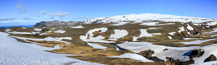 Panoramic view of Eyjafjallajoekull covered in snow, view from Fimmvoerduhals hiking trail, highlands of Iceland