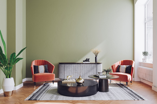 Interior de la sala de estar moderna de mediados de siglo de color pastel photo