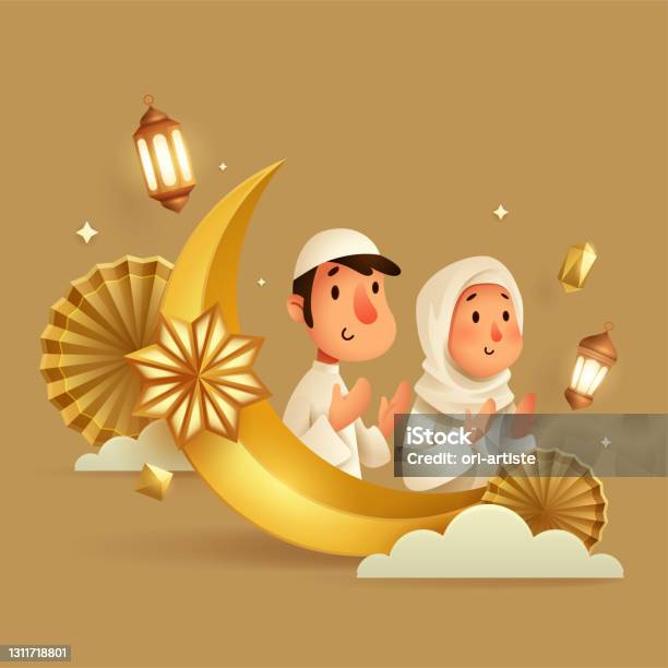 3d Illustration Of Lslamic Festival Background With Muslim Prayer Crescent Moon And Islamic Decorations Stock Illustration - Download Image Now