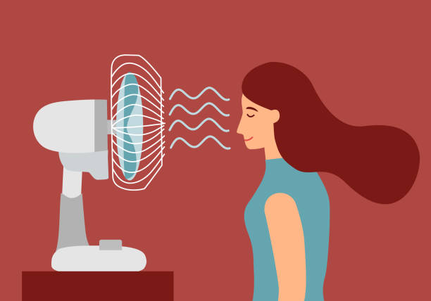 Woman with electric fan blowing in flat design. She exhausted of hot summer day. Tired female need wind blow. Woman with electric fan blowing in flat design. She exhausted of hot summer day. Tired female need wind blow. heatwave stock illustrations