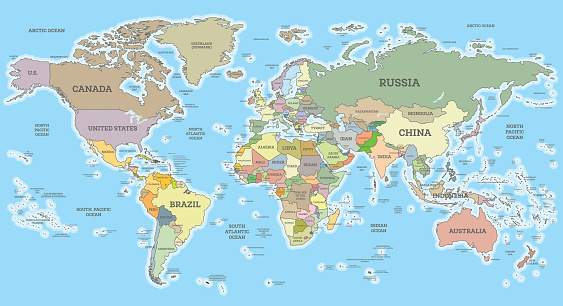 World Map with Borders and Countries. Vector Illustration. Cylindrical Projection.