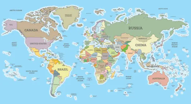 Vector illustration of World Map with Borders and Countries.