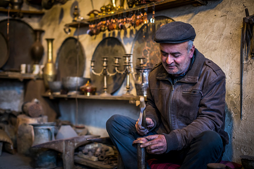Lahic, Azerbaijan: Lahic, a village in the Greater Caucasus, has a long tradition of copper smiths. Still today, some workshops are active with copper smiths working on copper ware such as plates, tumblers and bracelets