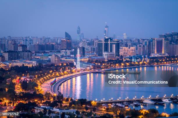 Baku City At Dusk Stock Photo - Download Image Now - Caspian Sea, Baku, Urban Skyline