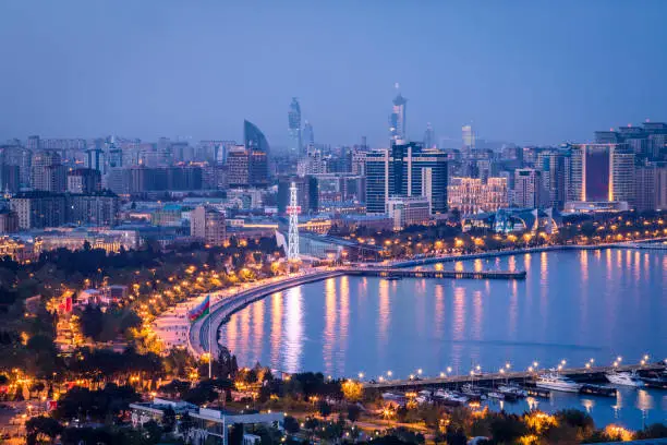 Baku city, Azerbaijan, view of the modern skyline on the Caspian sea coast.