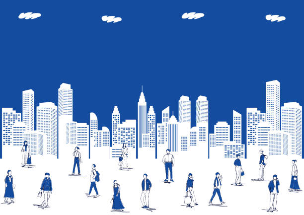 ołówek rysunek stylu życia ludzi w mieście i budynku - miasto ilustracje stock illustrations