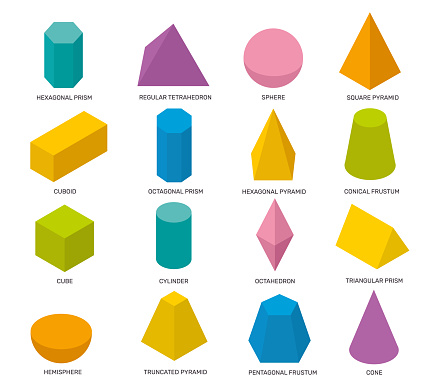 Simple isometric shapes. Multicolor isolated geometric elements, math objects for school studying and logo design. Cube, prism 3d vector set. Colorful abstract forms for learning geometry