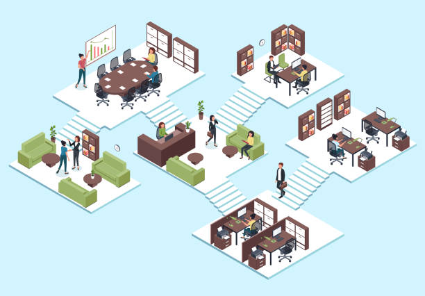 Isometric office. Business people team working together, employees in 3d interior vector teamwork, presentation and workspace concept Isometric office. Business people team working together, employees in 3d interior vector teamwork, presentation and workspace concept. Business management, people communicating and doing job lobby office stock illustrations