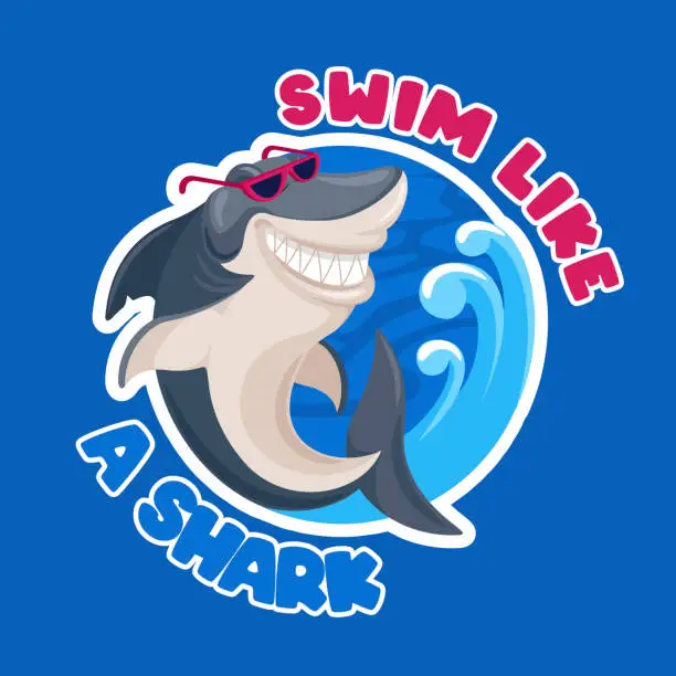 Vector illustration of Shark print design. Swim like a shark cartoon t-shirt label on california surfing theme vector retro cool template