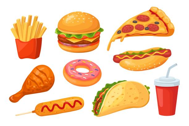 Fast food. Pizza and hamburger, cola and hot dog, chicken and donut, sandwich and corn dog. Isolated cartoon fastfood vector set Fast food. Pizza and hamburger, cola and hot dog, chicken and donut, sandwich and corn dog. Isolated cartoon fastfood vector set. Having junk tasty meal as french fries, sausage and taco french fries stock illustrations