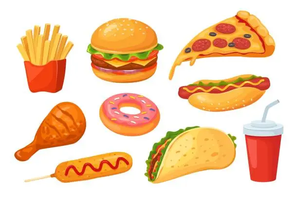 Vector illustration of Fast food. Pizza and hamburger, cola and hot dog, chicken and donut, sandwich and corn dog. Isolated cartoon fastfood vector set