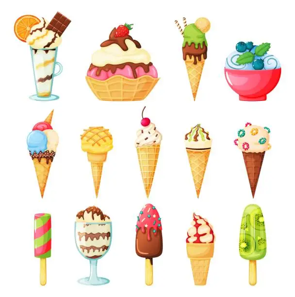 Vector illustration of Ice cream cones topped with sprinkles, fruits, syrup, nuts. Tasty fruit ice, kiwi popsicle. Vanilla and chocolate sundae. Cartoon summer dessert vector set