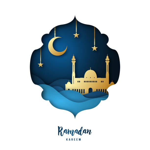 ramadan kareem illustration mit arabischen gold origami moschee, halbmond und sterne. papier geschnitten stil. vektorhintergrund. - ramadan stock-grafiken, -clipart, -cartoons und -symbole