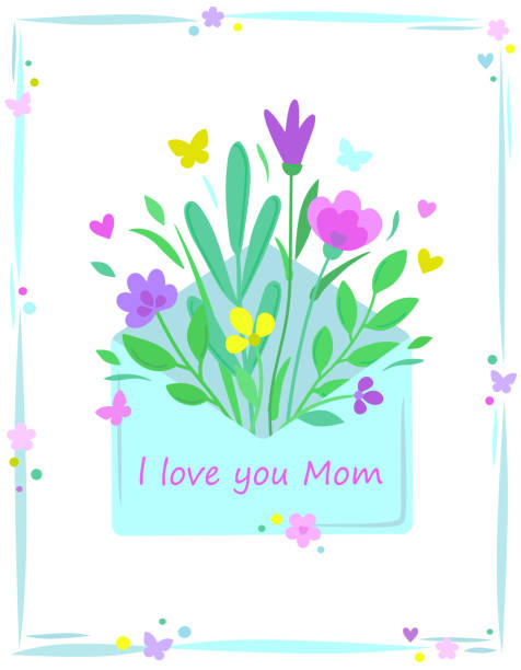 Bouquet Of Flowers In An Envelope I Love You Mom Text Delicate Pastel  Colors Greeting Card With Frame Isolated On White Background Vector  Template With Flowers For Mothers Day Or Birthday In