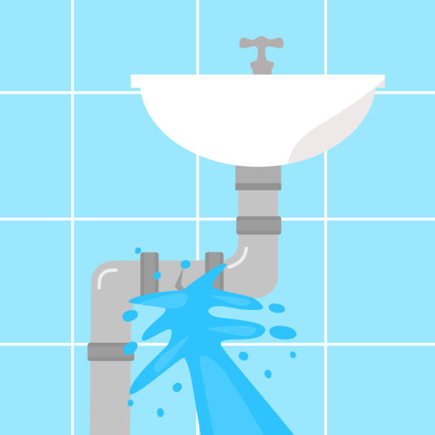 illustrazioni stock, clip art, cartoni animati e icone di tendenza di perdita d'acqua dal tubo del lavandino rotto in bagno in design piatto. incidente di perdita d'acqua del bagno. - lavandino rotto