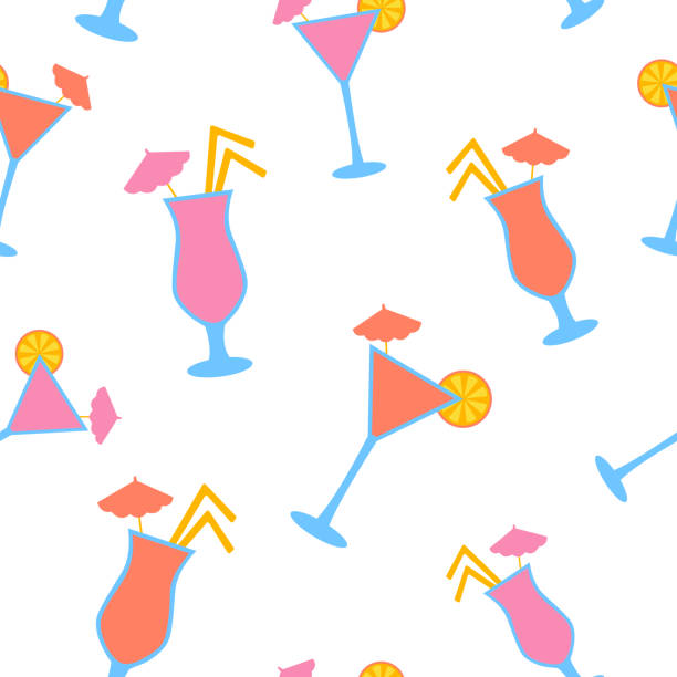 ilustraciones, imágenes clip art, dibujos animados e iconos de stock de patrón de cóctel de verano sin costuras, textura jugosa de verano, estampado de cóctel. fondo de cócteles sencillos de verano. - drink umbrella umbrella cocktail pink