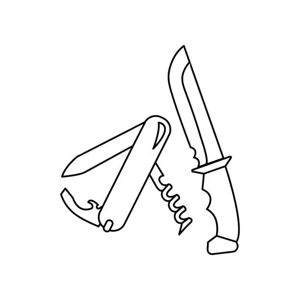 Vector illustration of Linear black white knives icon. Can be used as a sticker, symbol or sign. Outline knife and pocketknife for hiking