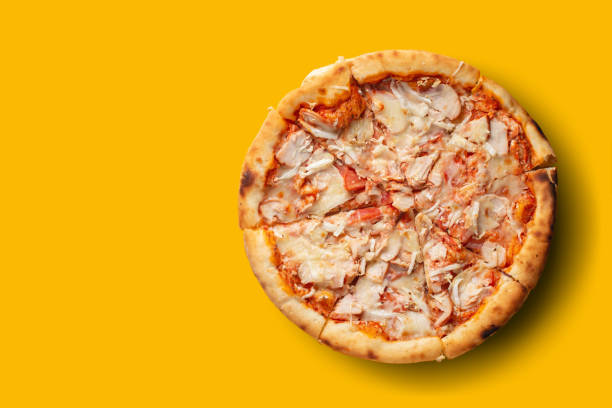 istock Classic Italian pizza on yellow background, text space, delivery banner concept 1311747025