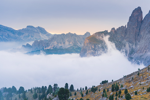 Panoramic view of famous Dolomites mountain peaks in Puez-Geisler Nature Park, Dolomites, South Tyrol, Italy