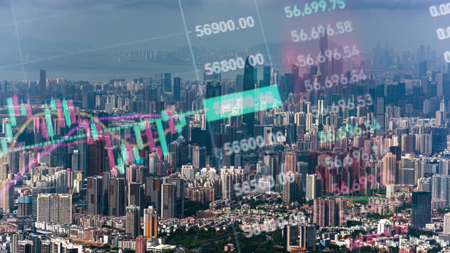 T/L LS ZO Shenzhen cityscape timelapse and financial transaction in stock market