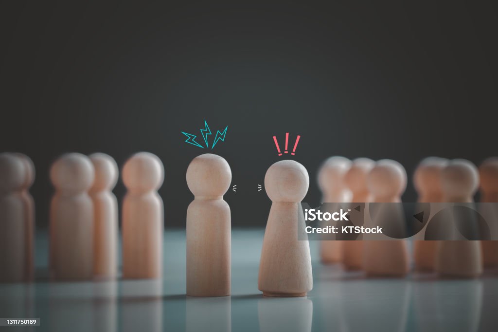 Conflict or disagreement concept. Men and women quarreling bickering, arguing shouting, blaming each other. Conflict Stock Photo