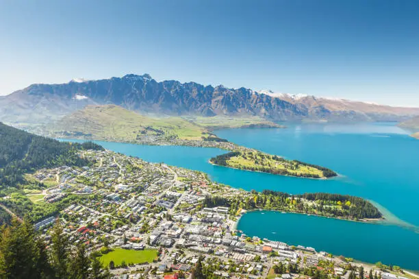 Lake Wakatipu daytime view see over all the cbd business area famaus tourist attarction in NZ Queenstown
