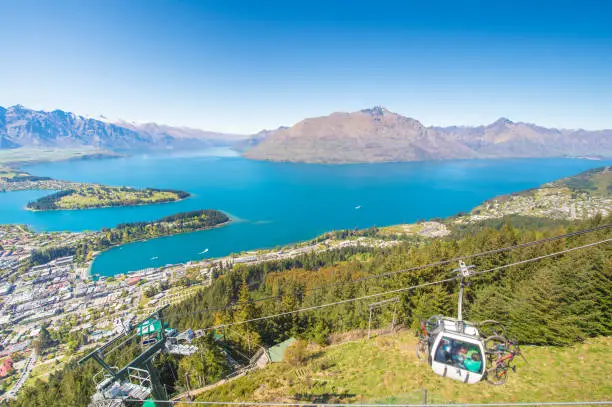 Photo of Wide angle cable car going above Queenstown and Lake Wakatipu in the Remarkable Mountains of New Zealand over residence area