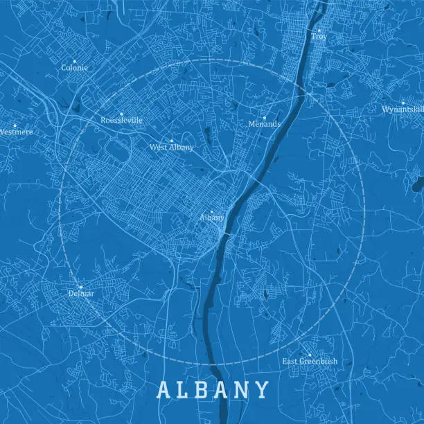 Vector illustration of Albany NY City Vector Road Map Blue Text