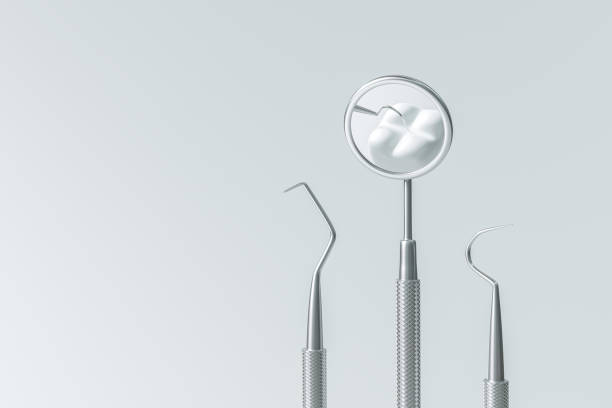 istock Dental equipment on dentist clinic background with dentistry cleaning tools. 3D rendering. 1311755721