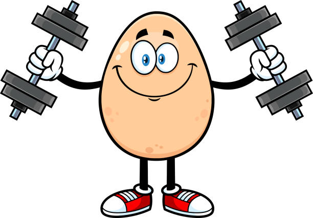 Smiling Egg Cartoon Character Working Out With Dumbbells Smiling Egg Cartoon Character Working Out With Dumbbells. Vector Illustration Isolated On White Background isolated color stock illustrations