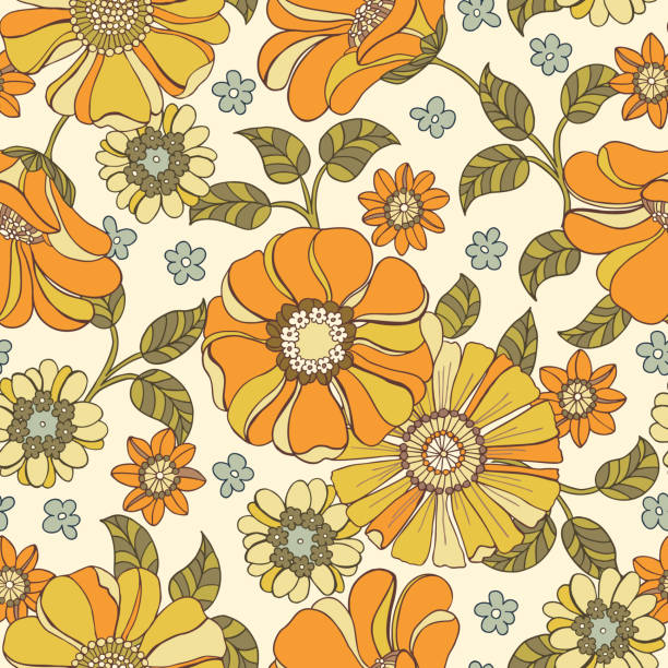 Colorful Large Scale Hand-Drawn Floral Vector Seamless Pattern. 70s Nostalgia Colorful Large Scale Hand-Drawn Floral Vector Seamless Pattern. Retro 70s Style Nostalgic Fashion Textile Bold Background. Summer Resort Print. Daisies. Flower Power floral patterns stock illustrations