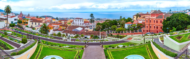 La Orotava, Spain, Janury 12, 2021: Liceo de Taoro viewed from Victoria garden at la Orotava town at Tenerife, Canary Islands, Spain.