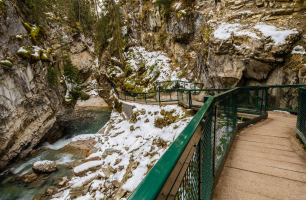johnston canyon walkway in banff national park , alberta, canada - lower falls imagens e fotografias de stock